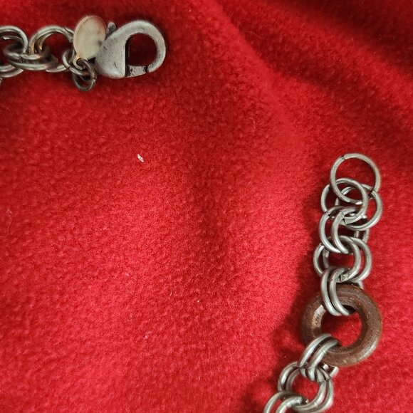 Chico's Vtg Red Green Earth Tone Mix Media Wood Metal Circle Square 38" Necklace - Picture 15 of 16